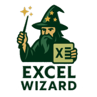 Logo of Excel Wizard featuring a wizard with a magic wand and an Excel spreadsheet icon