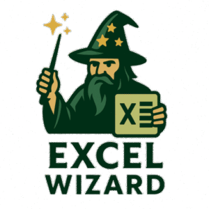 Logo of Excel Wizard featuring a wizard with a magic wand and an Excel spreadsheet icon